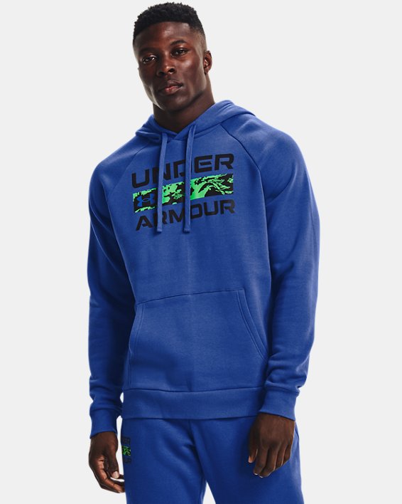 Men's UA Rival Fleece Signature Box Hoodie, Blue, pdpMainDesktop image number 0